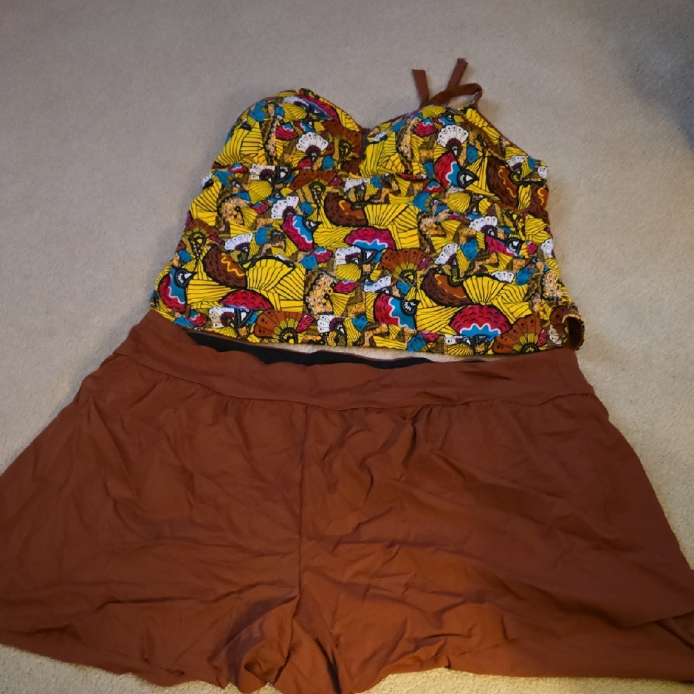Colorful Patterned Bikini Top with Brown Bottoms